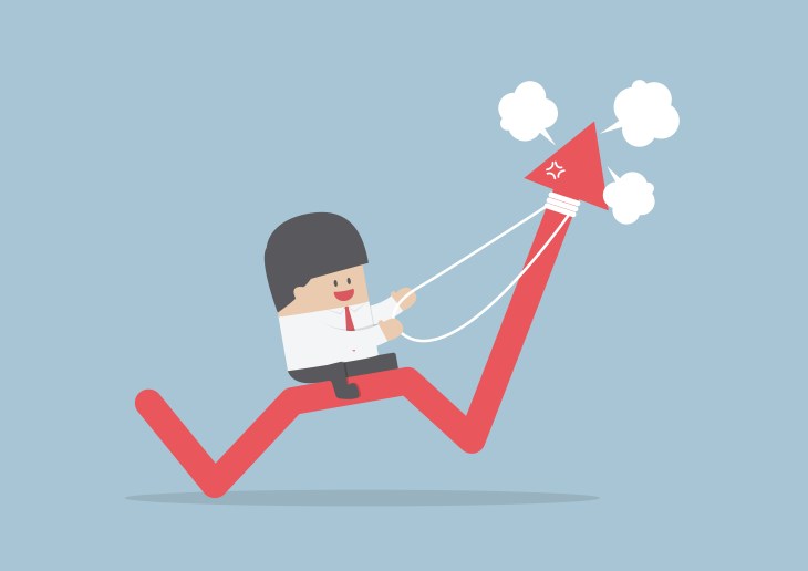 Businessman riding on angry stock market graph, VECTOR, EPS10